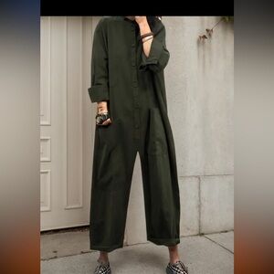 Relaxed Olive Green Button-Front Wide-Leg Jumpsuit